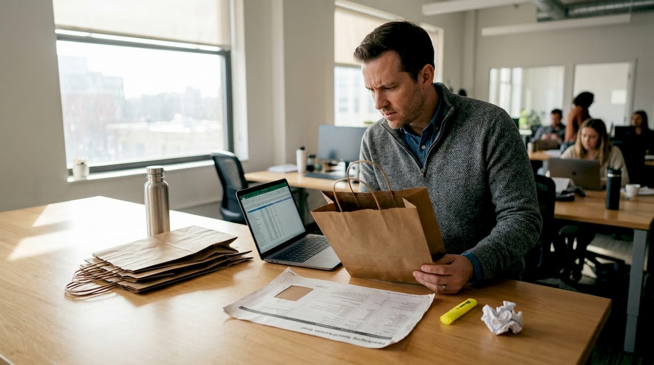 Manager comparing packaging bag and specs document