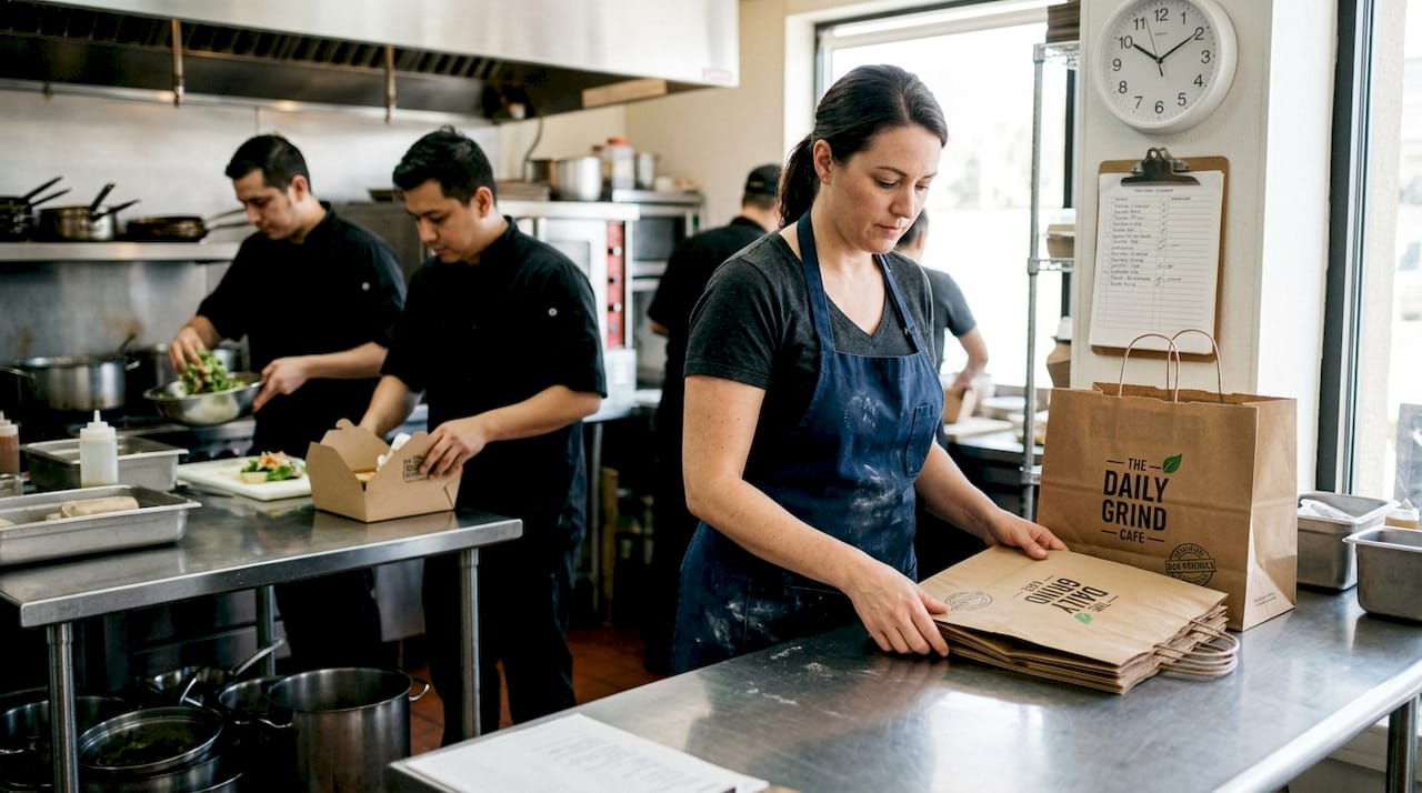 Manager handling custom branded packaging bags