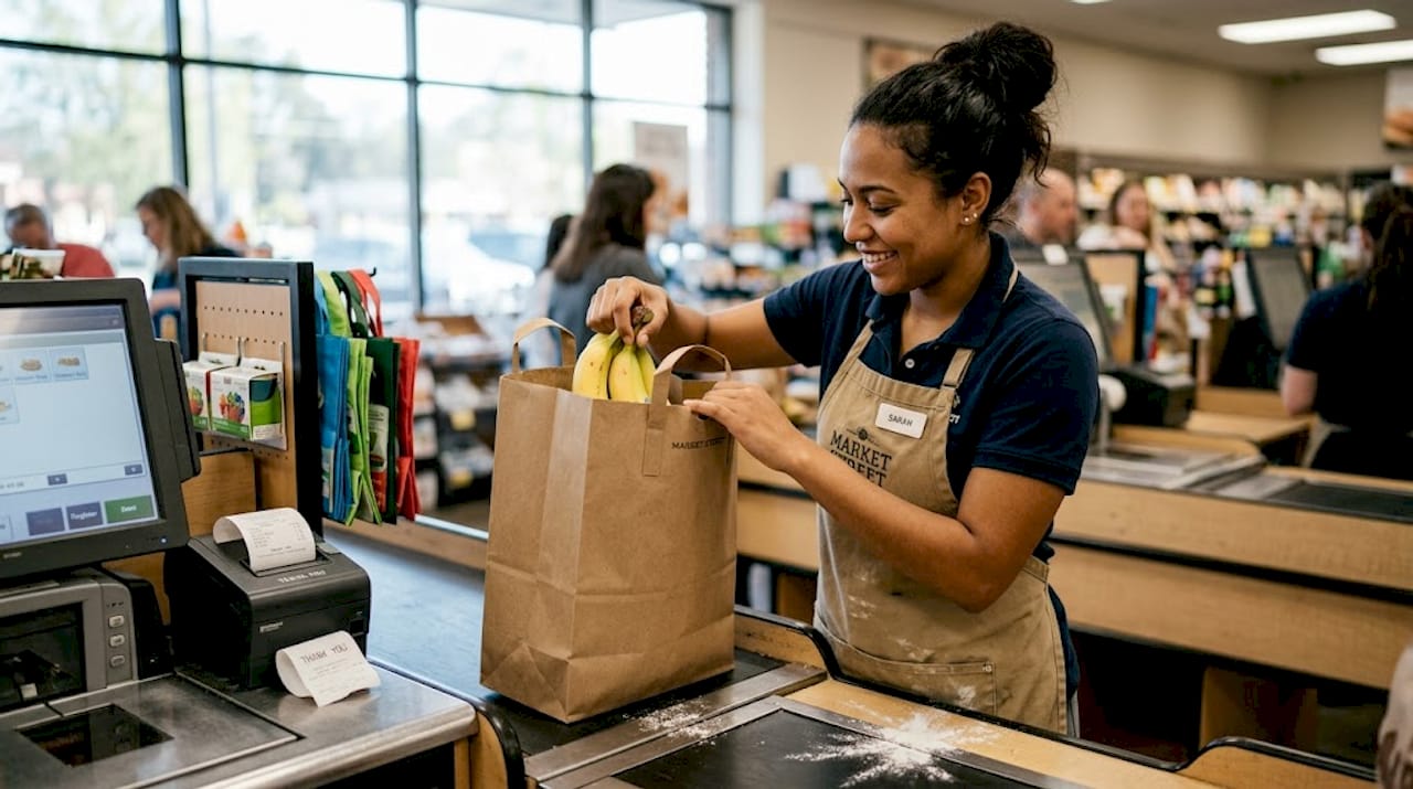 Retail worker loading sturdy paper bag