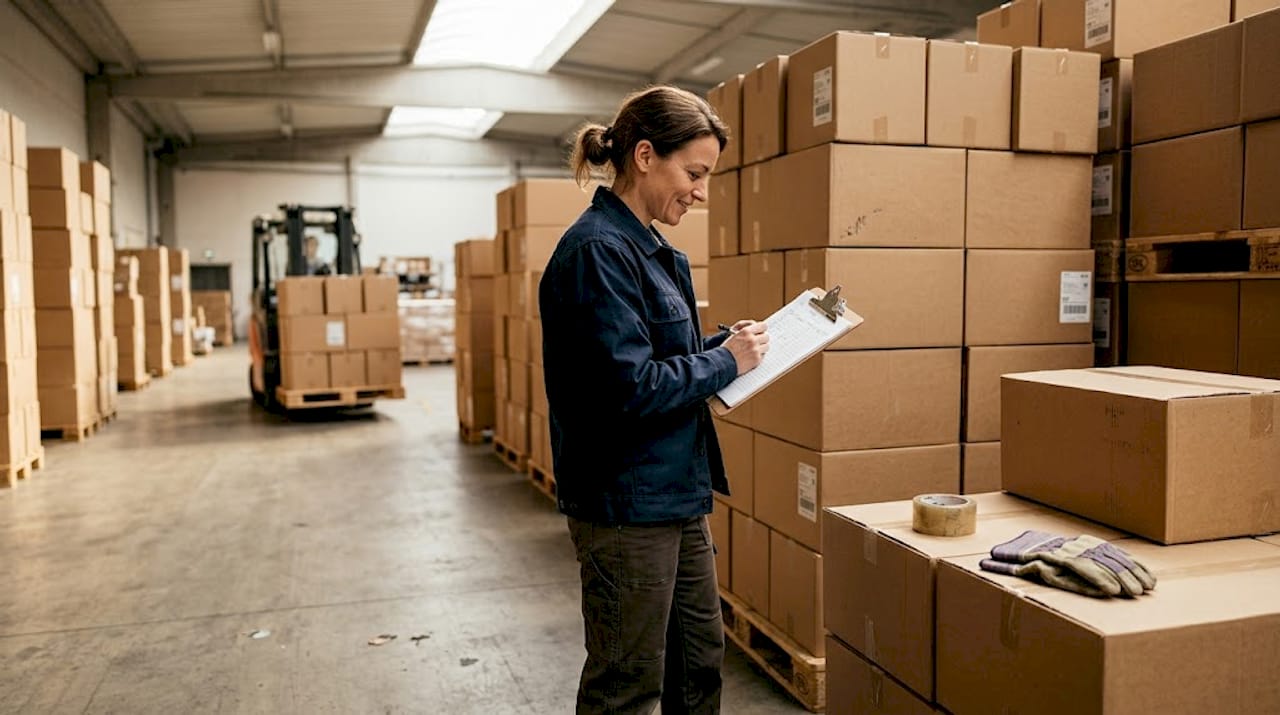 Worker checking uncoated paper packaging in warehouse