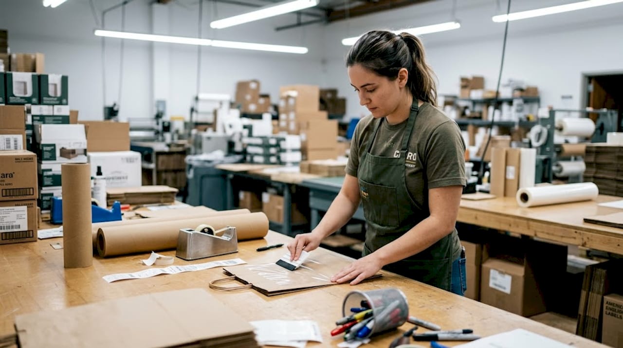 Technician laminating kraft shopping bag by hand