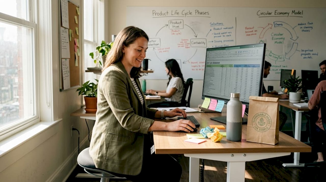 Sustainability manager analyzing packaging carbon data