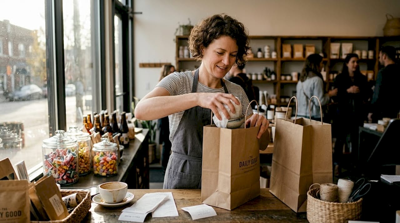 Store manager packing kraft paper shopping bags