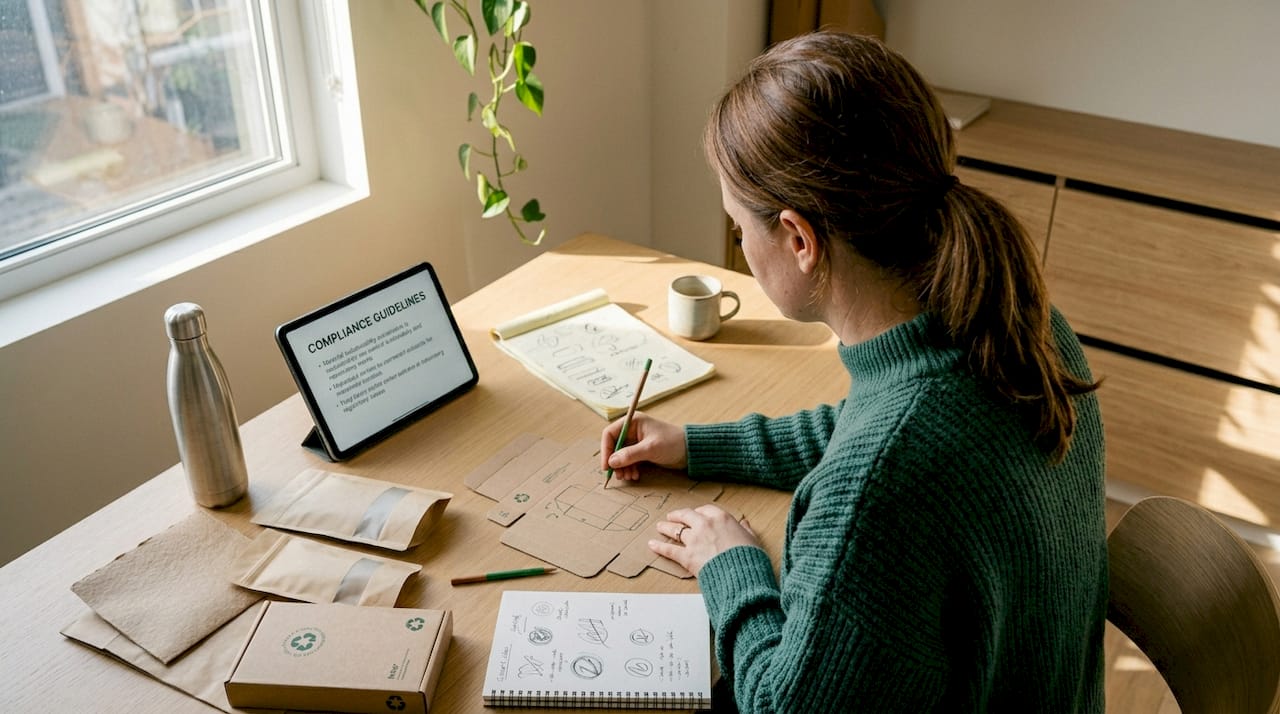 Designer sketching sustainable packaging at desk