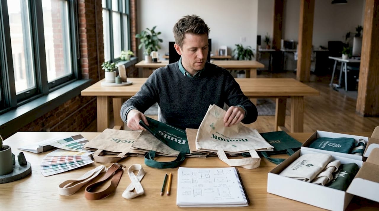 Brand manager sorting sample shopping bags