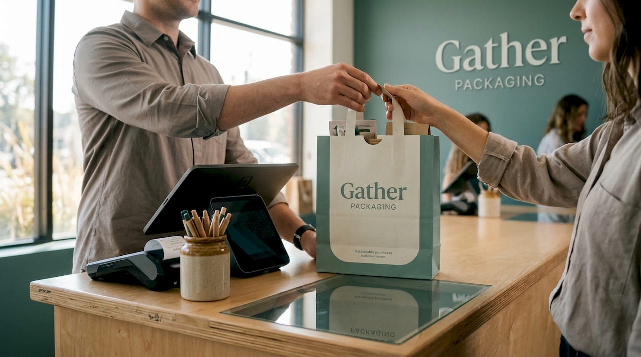 Store associate handing custom die-cut paper bag
