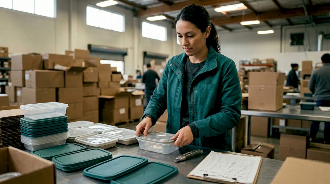Worker assembling modular food packaging trays