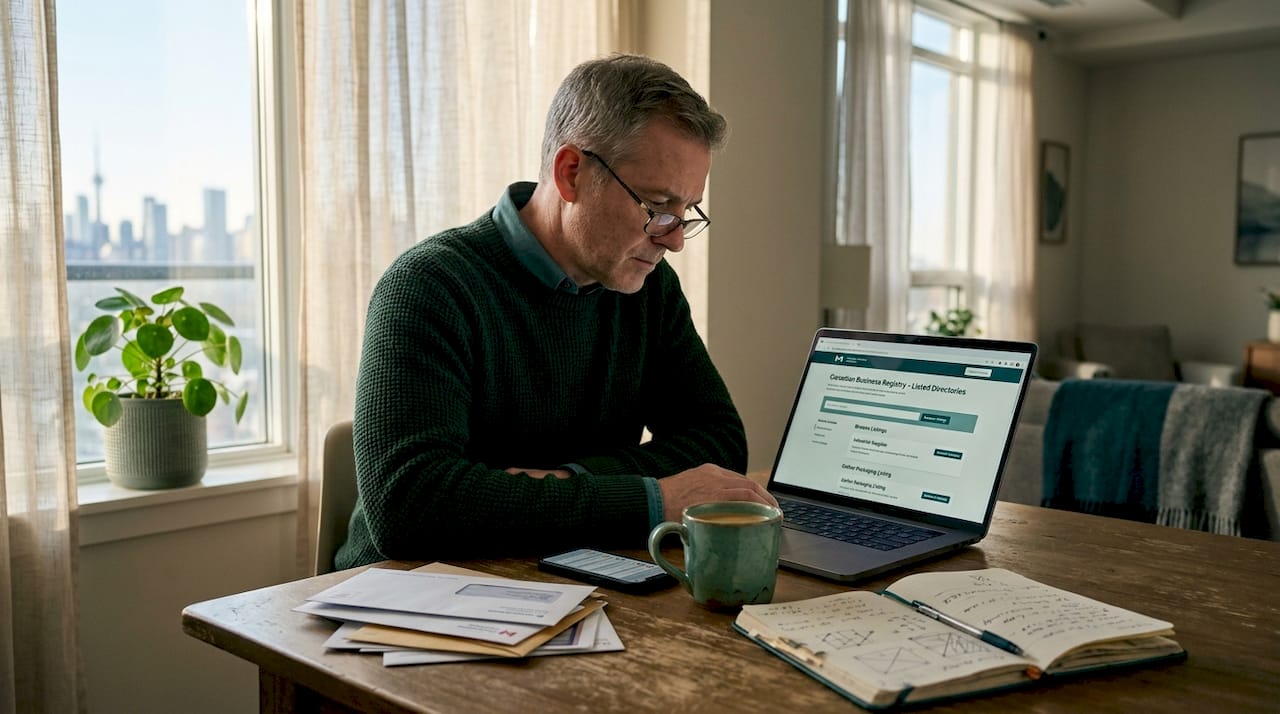 Business owner at home browsing Canadian directories