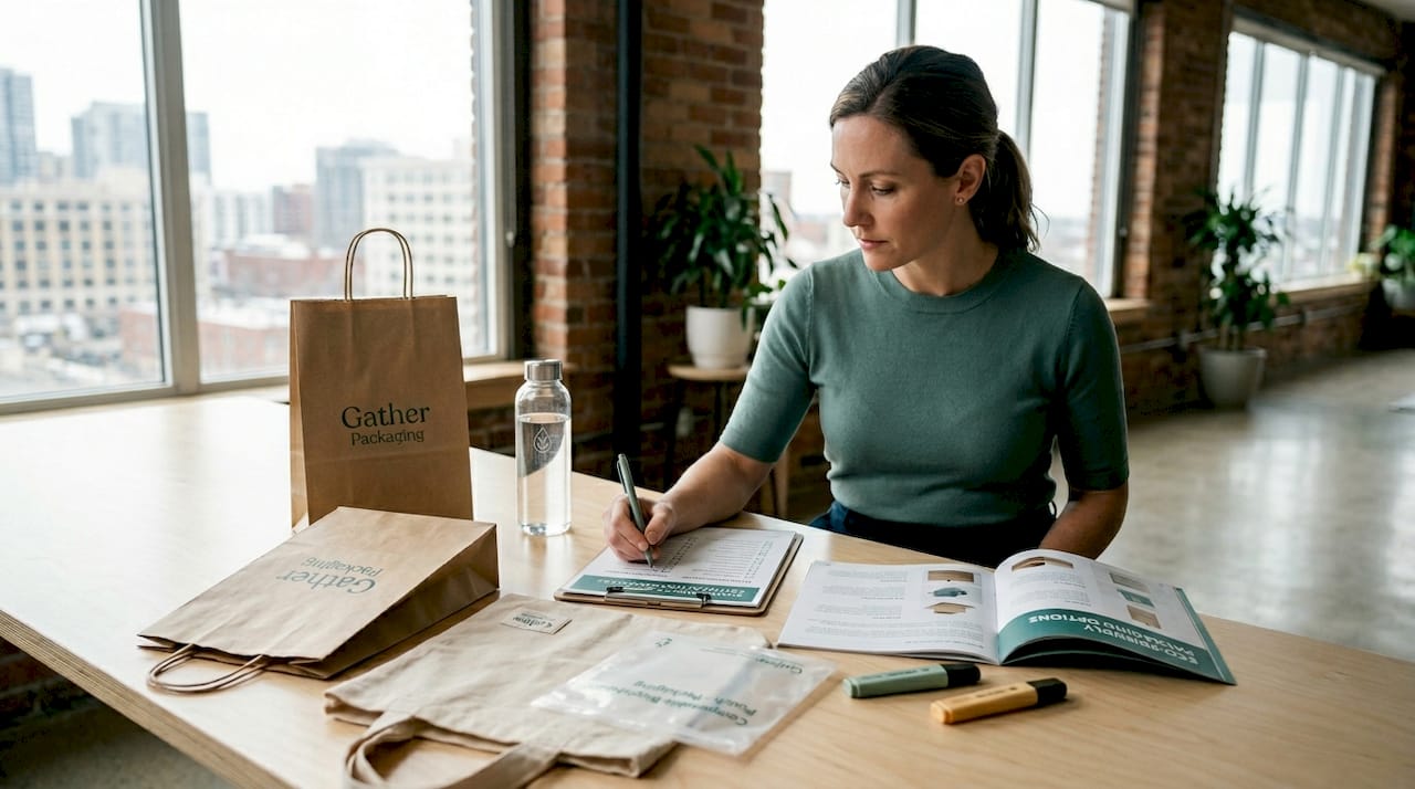 Brand manager reviewing sustainable bag samples