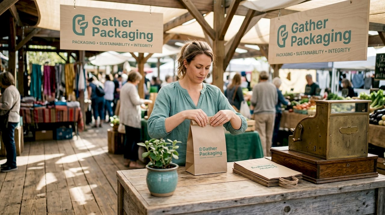 Retail worker packing goods into paper bags