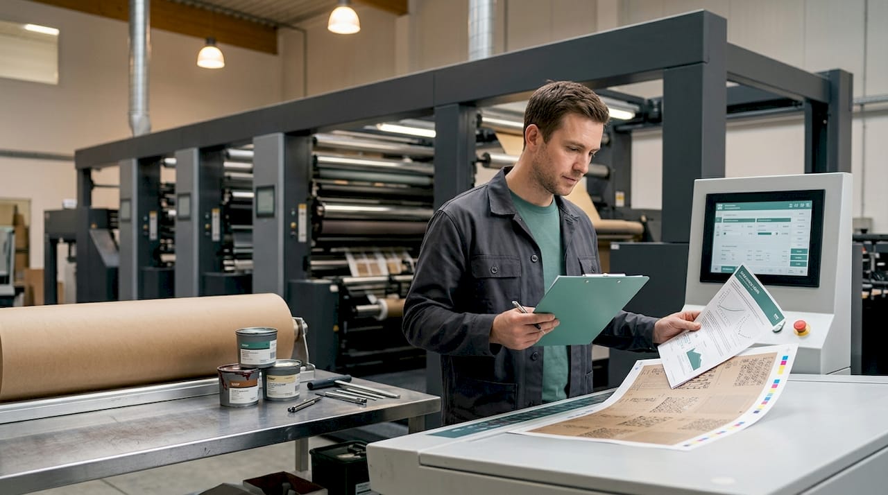 Operator inspects print registration beside press