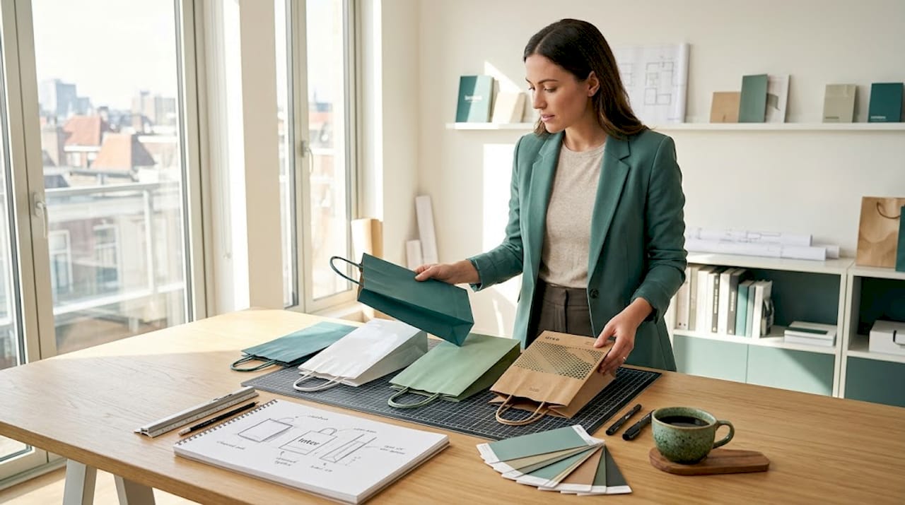 Packaging designer examines paper bags with various finishes