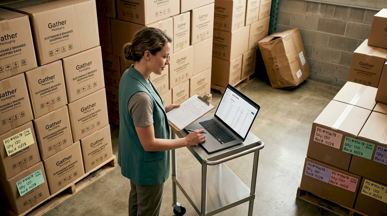 Supervisor checks packaging supply in retail backroom