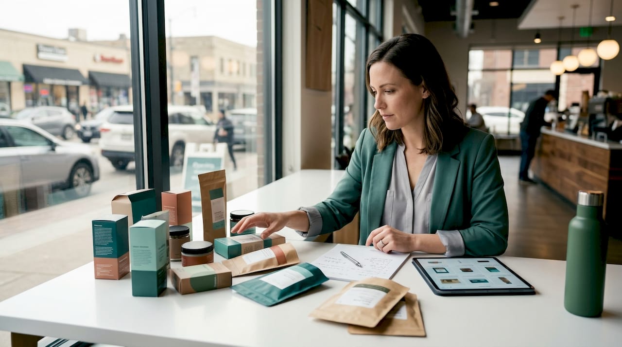 Brand manager reviewing retail packaging samples