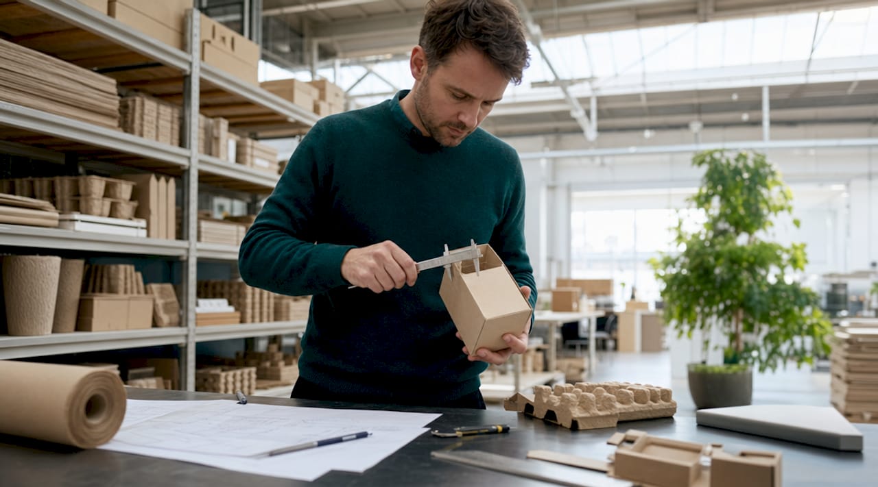 Engineer measuring packaging prototype in office