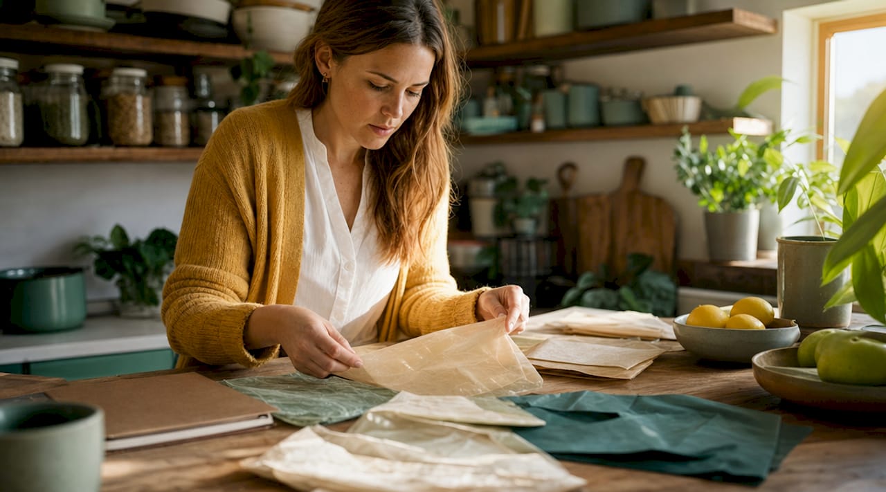 Consultant examining compostable bags at home office table