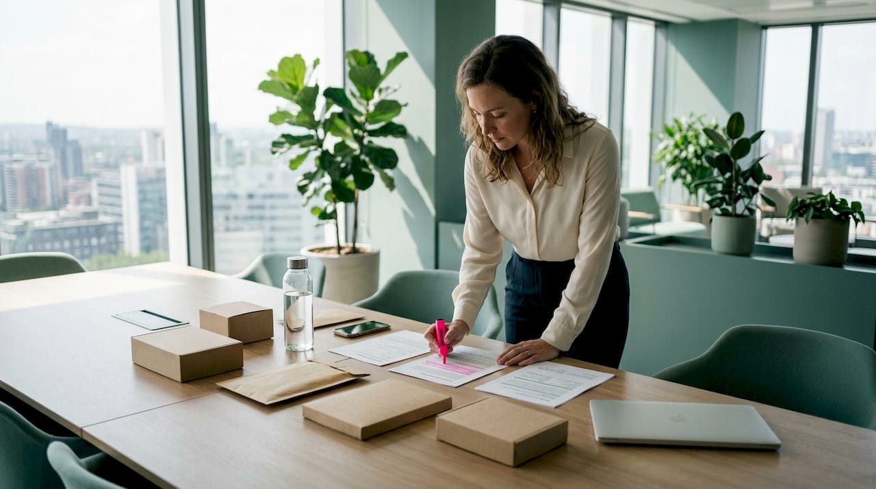 Professional woman reviewing packaging audit documents