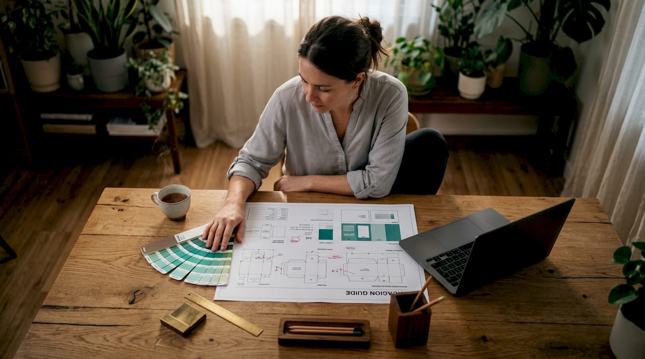 Designer reviewing packaging guide at desk
