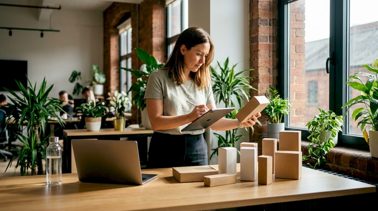 Sustainability manager reviewing minimal packaging samples
