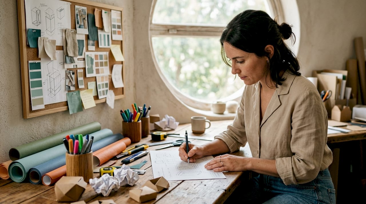 Designer sketching packaging prototypes in studio