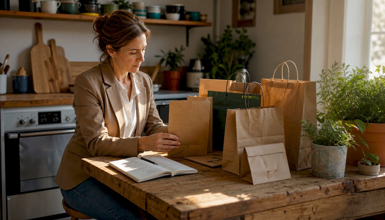 Packaging manager reviewing sustainable paper bags