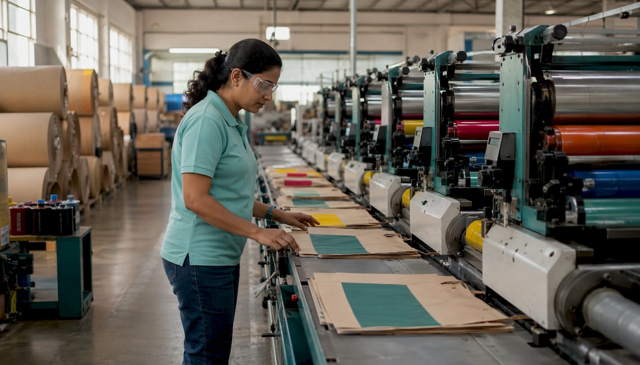 Technician inspecting flexographic bags on production line