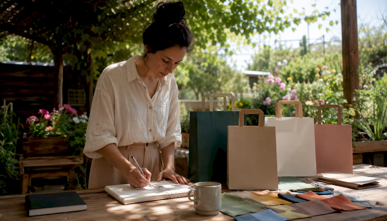 Designer reviewing custom paper bag designs