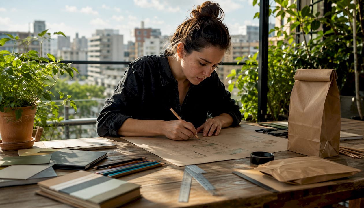 Packaging designer working on turn-top bag sketches