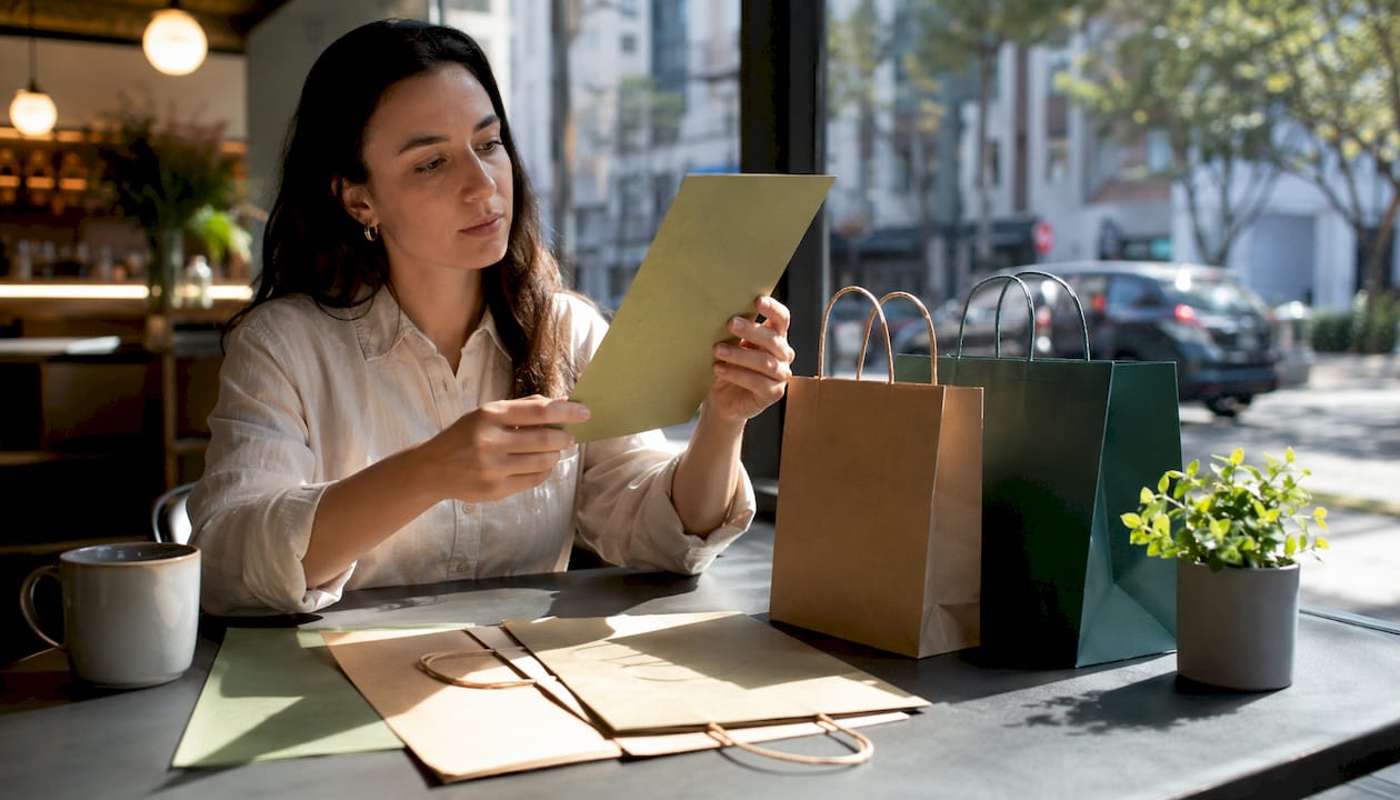 Retail buyer inspecting eco-friendly paper bag samples
