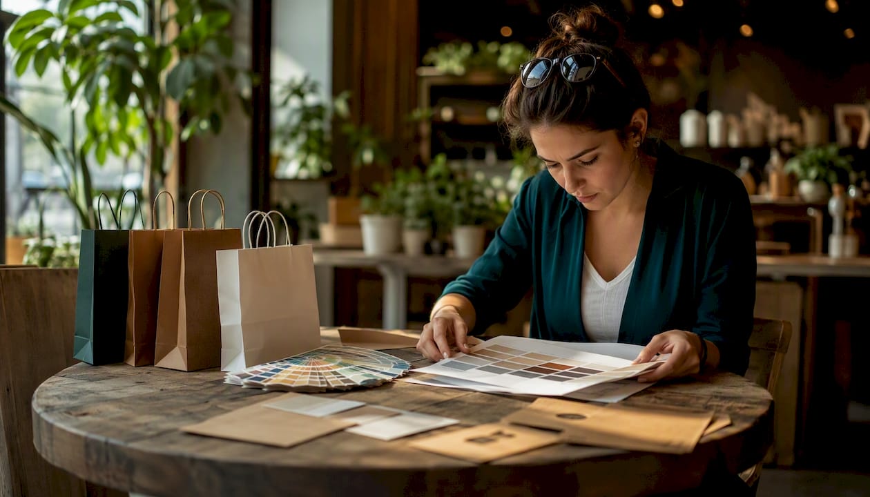 Procurement manager reviewing paper bag samples