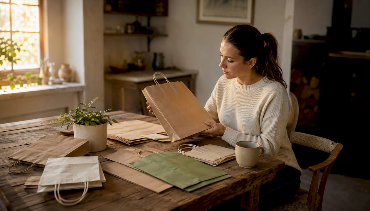 Woman reviewing eco-friendly paper bag samples