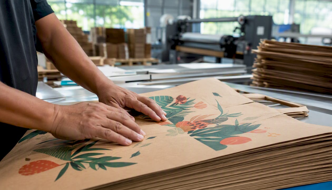 Hands inspecting printed kraft paper bags