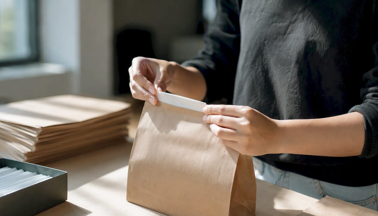 Hands sealing a tamper-evident paper bag