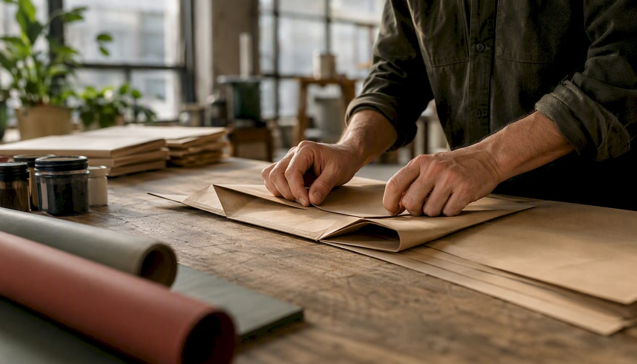Hands folding eco-friendly paper bag
