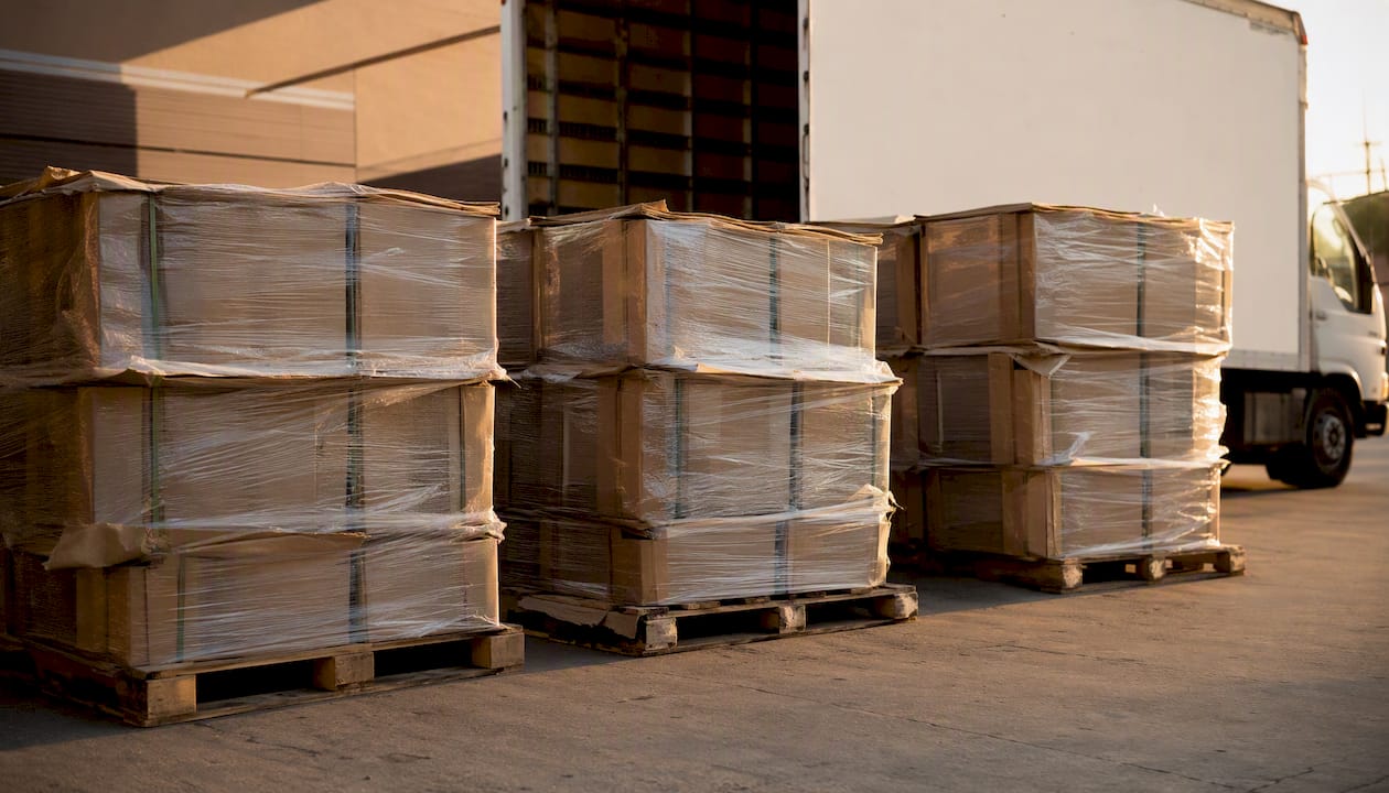 Pallets of retail paper bags wrapped and ready at dock
