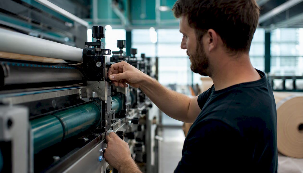 Hands adjusting flexographic printing plates