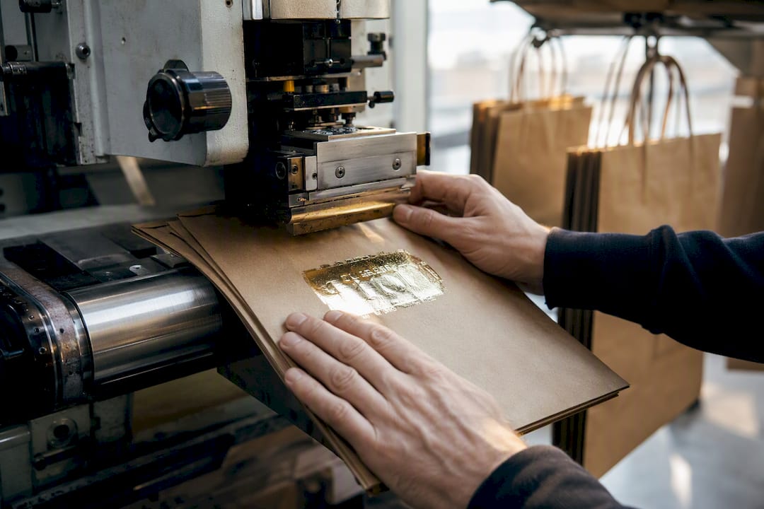 Hands applying foil stamping on paper bag