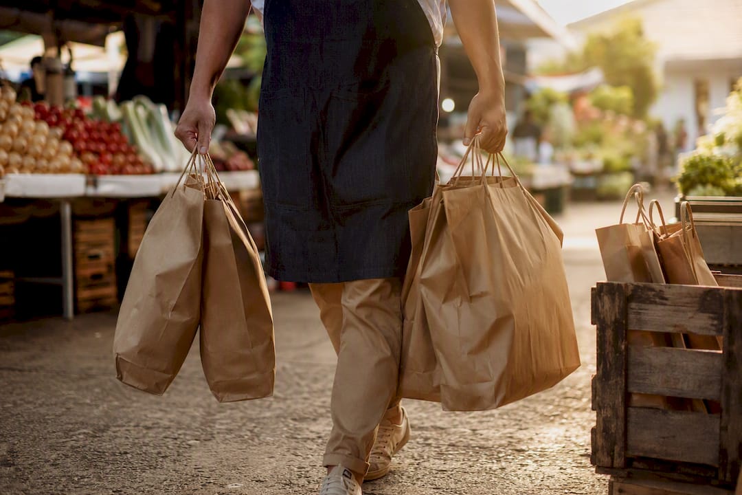 Hands holding loaded paper bags by handles