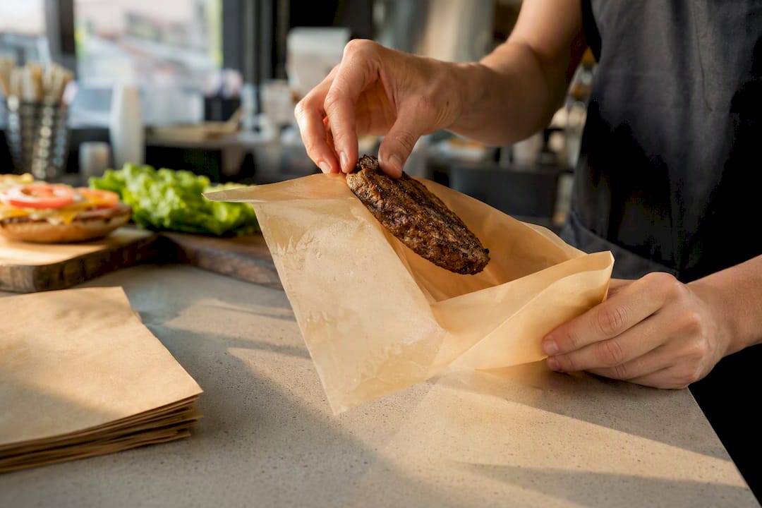 Hand placing fried food into grease resistant bag
