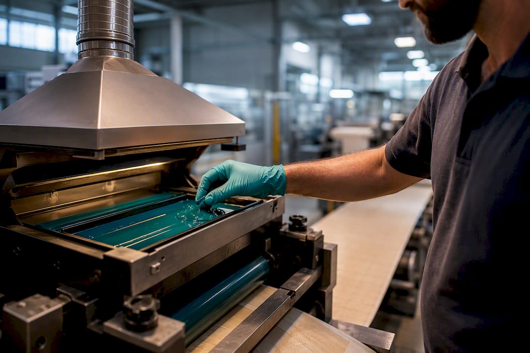 Gloved operator inspecting ink in ventilated pressroom