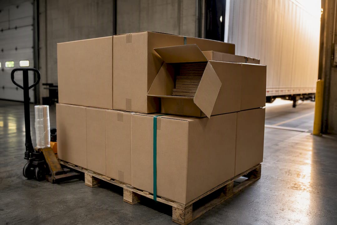 Flat-packed paper bag cartons at loading dock