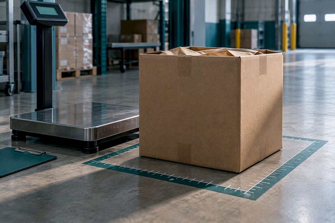 Shipping carton beside freight platform scale