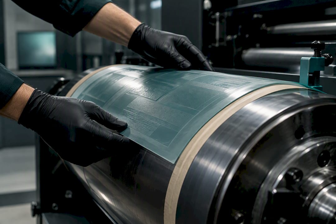 Flexo plate being aligned on press cylinder