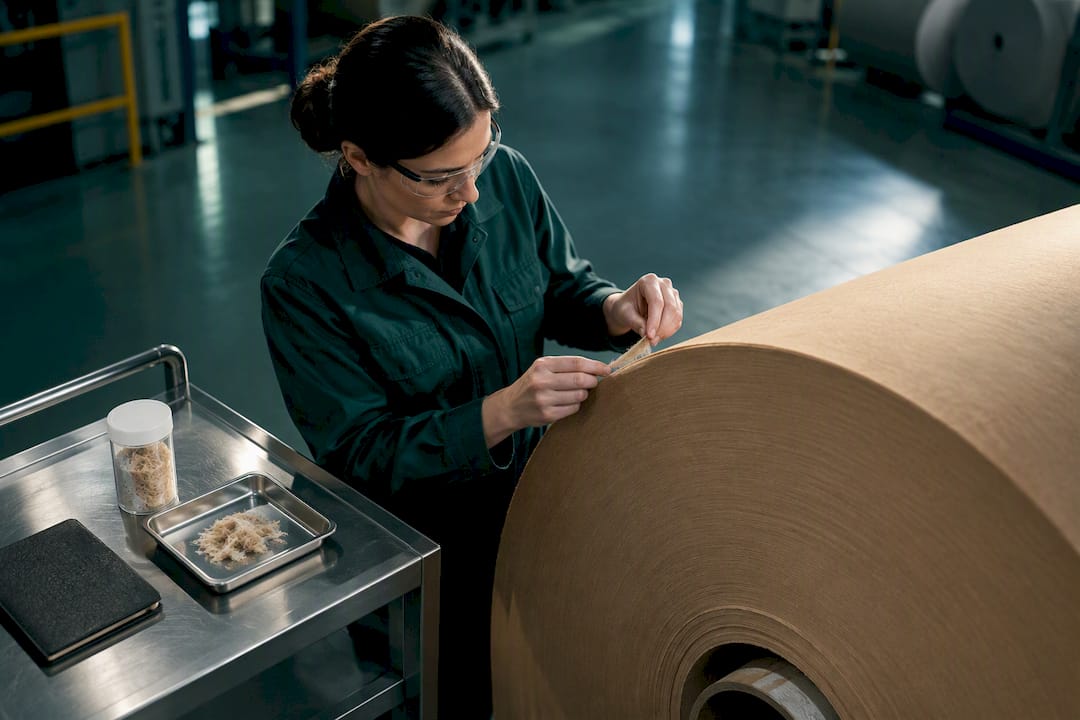 Technician sampling paper mill fiber