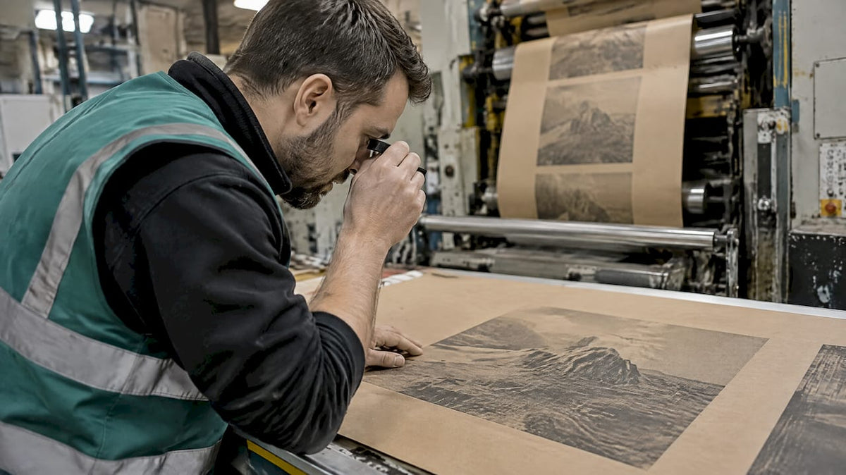 Operator inspecting halftone print on kraft