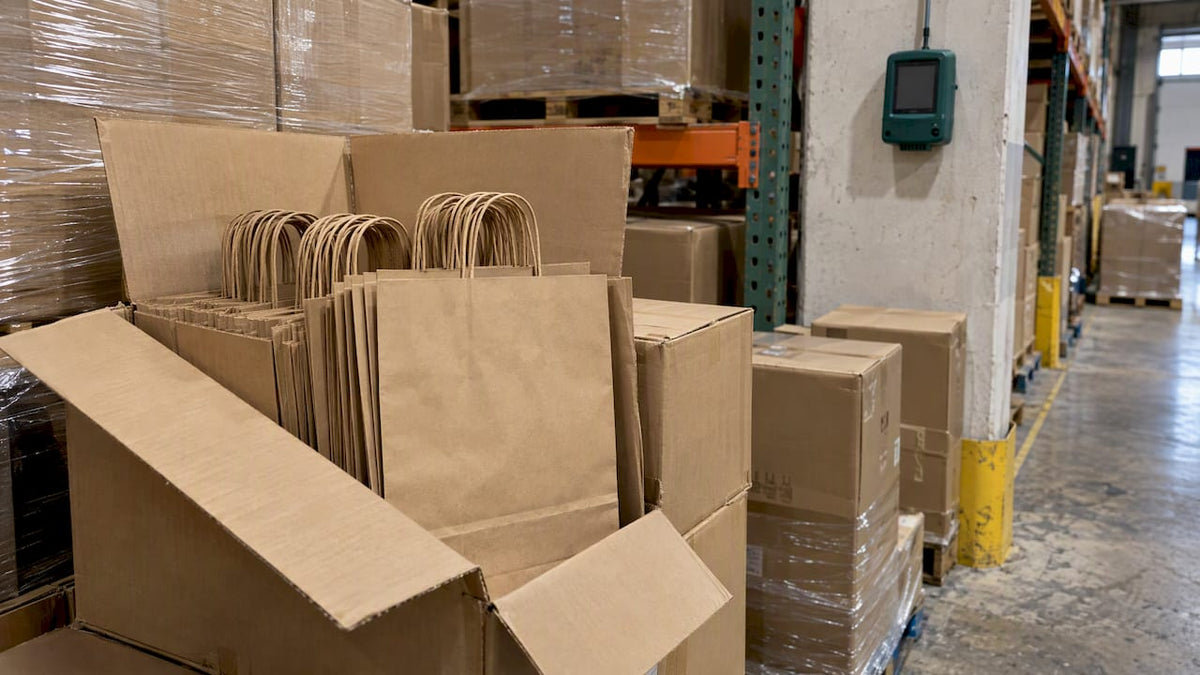 Paper bag cartons stored beside a humidity logger