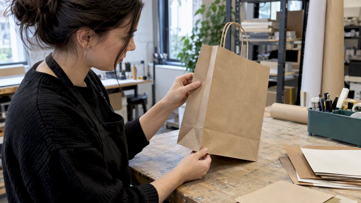 Buyer inspecting a paper shopping bag seam