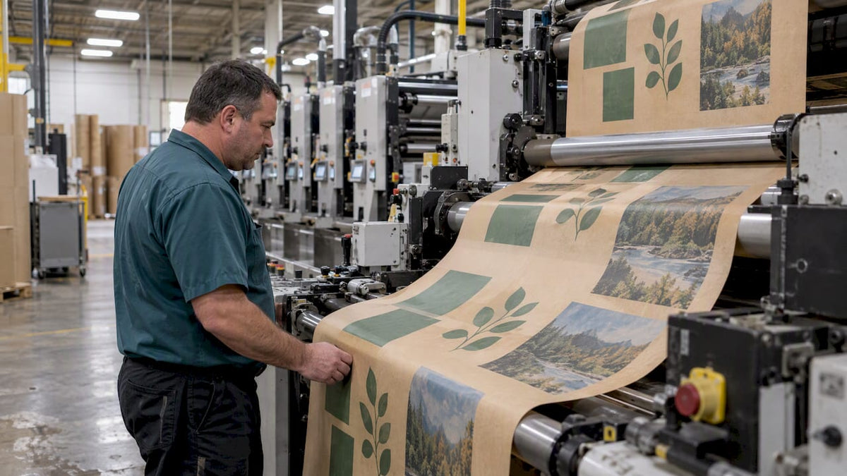 Operator checking printed kraft bag web