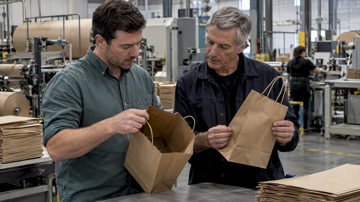 Buyer and mill specialist compare kraft bag samples